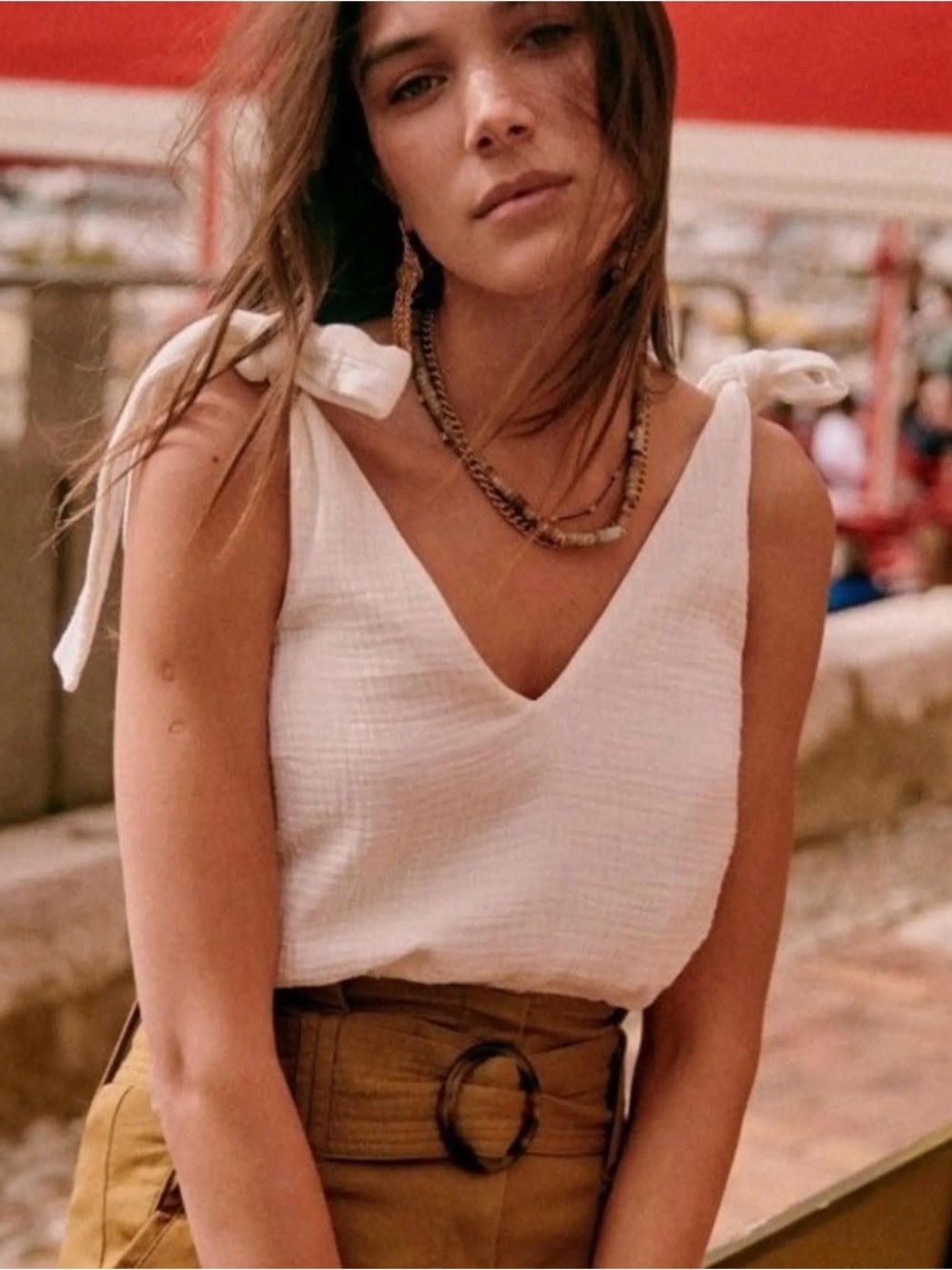 Sezane White Tie-Shoulder V-Neck Tank Gisele